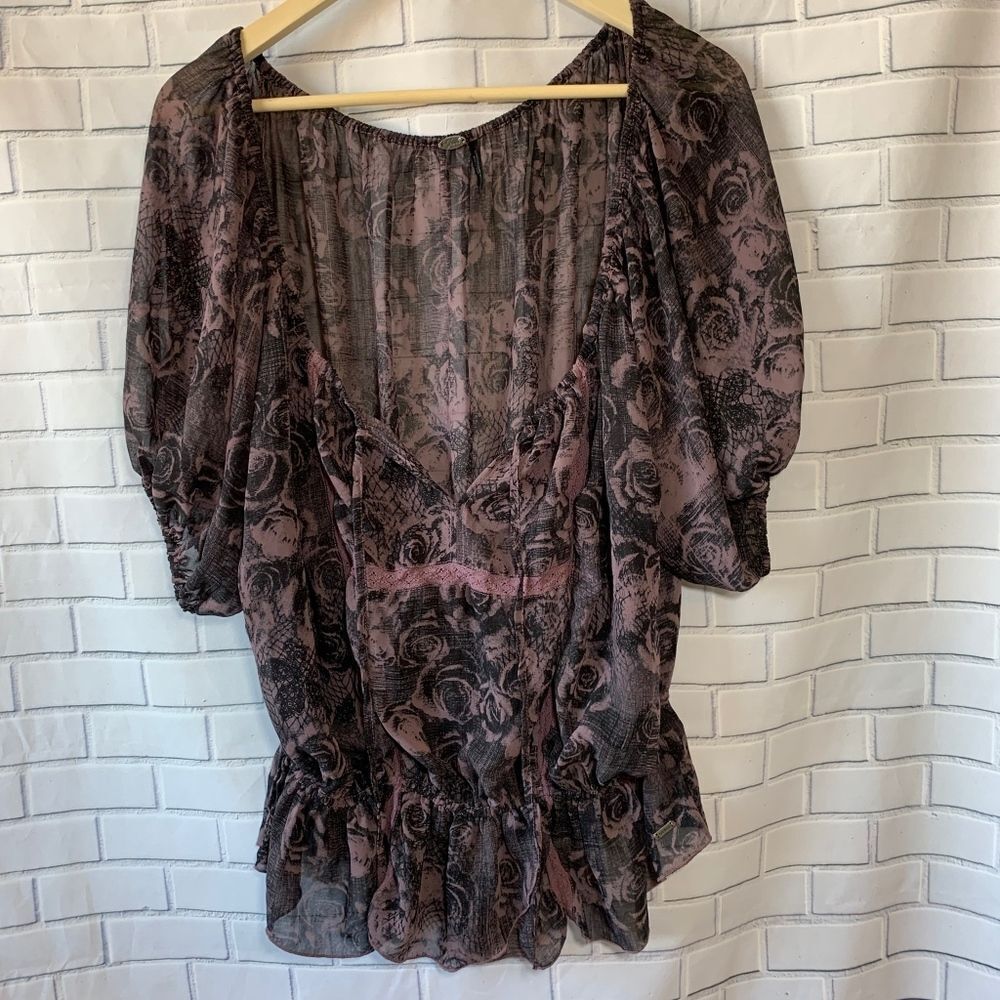 Guess Sheer Floral Boho Peasant Style Top Size M